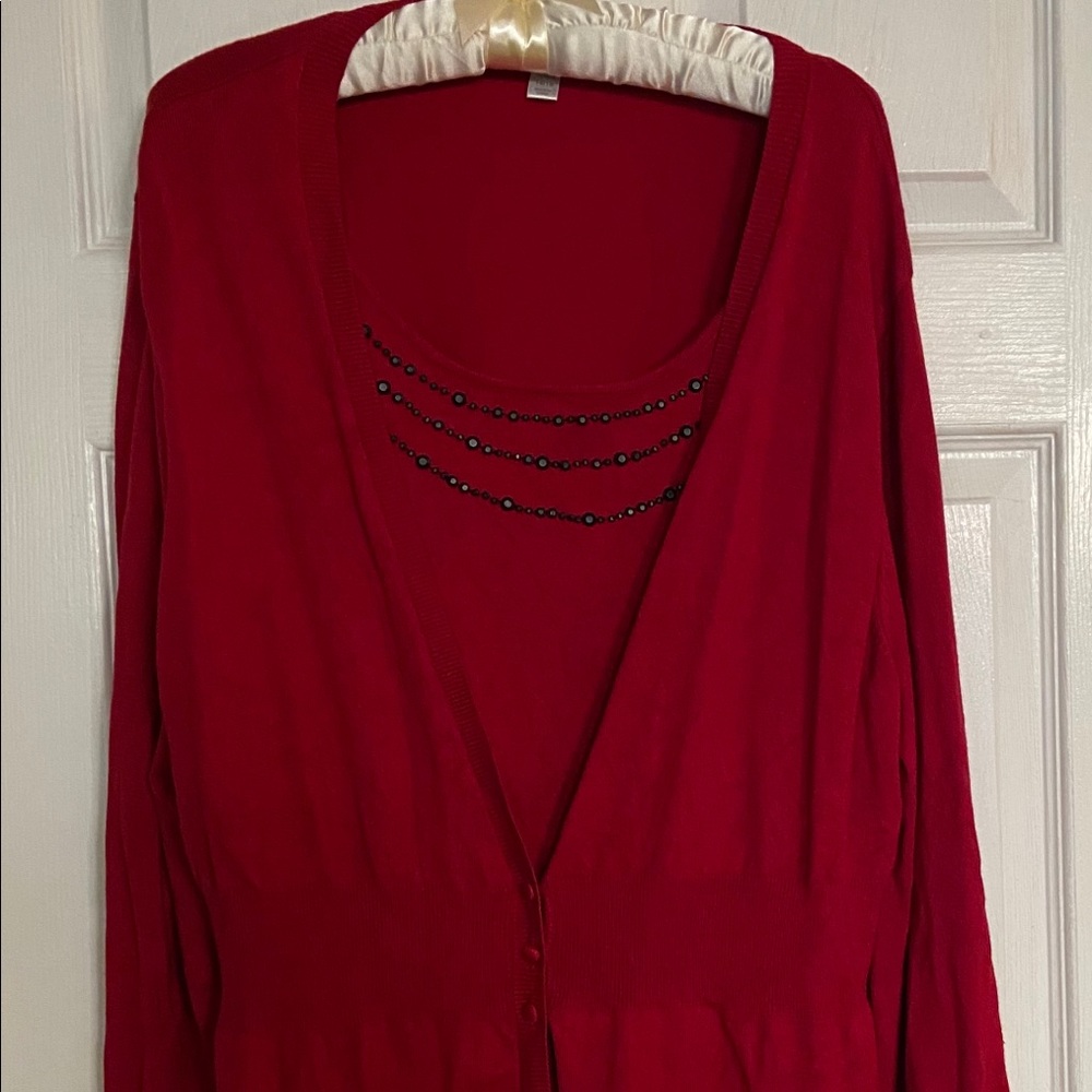Dress Barn Red Twin Sweater Set w Black beading